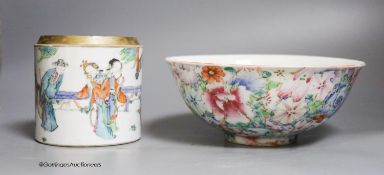 A Chinese famille rose millefleur bowl and a jar lacking cover, 19cm