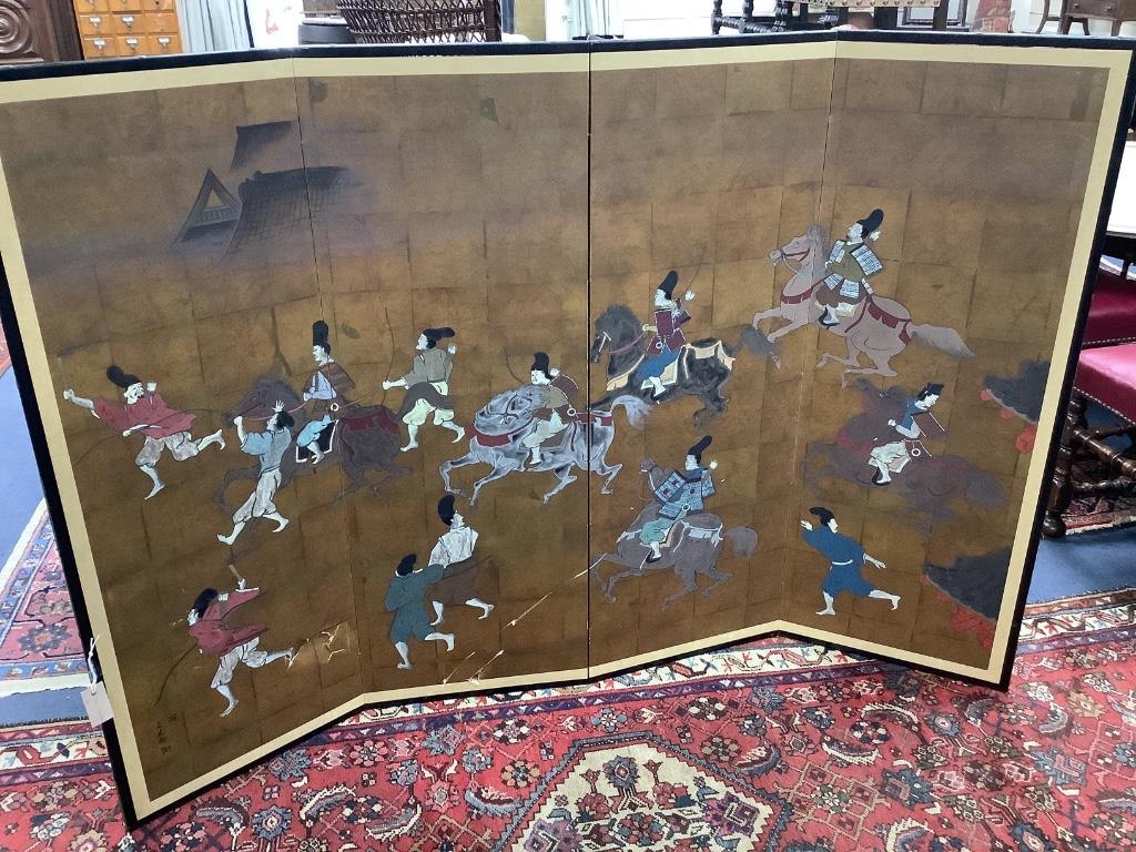 A Japanese four-fold screen, gold ground, decorated with warriors on horseback and foot, in black-