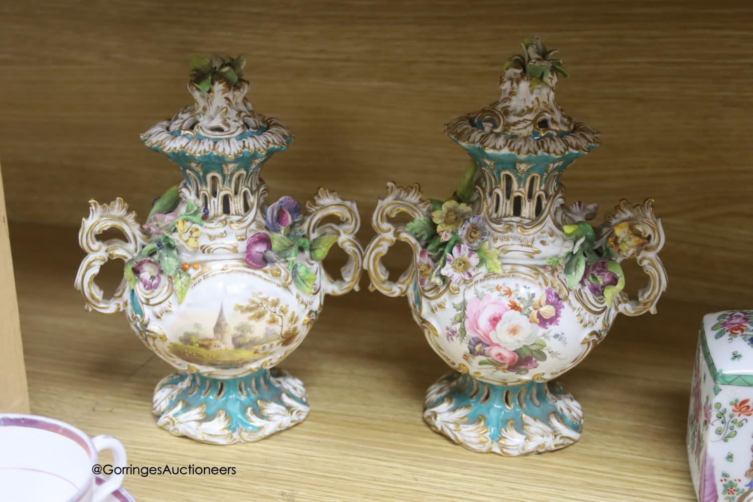 A pair of Rockingham style floral encrusted lidded vases, an armorial jar, two 19th-century English - Image 4 of 6