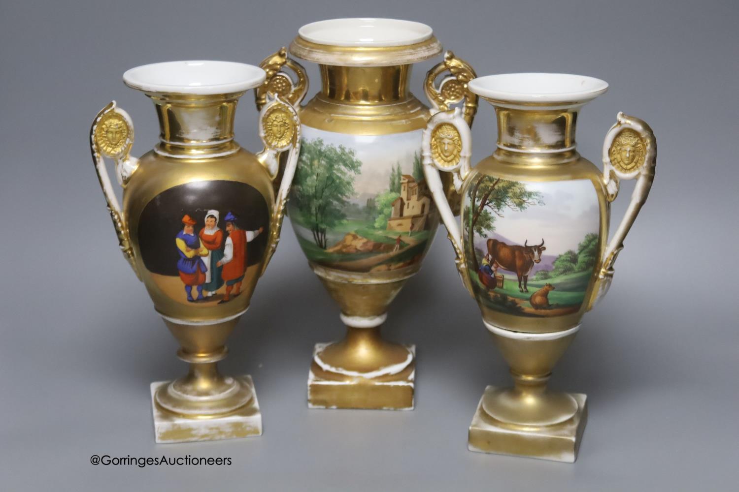 A 19th century French porcelain garniture of three vases, height 27cm - Image 2 of 4