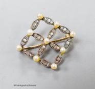 An Edwardian yellow metal, seed pearl and diamond set openwork square brooch, 19mm, gross 3.2