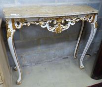 A 20th century Italian marble topped console table with pierced carved painted and giltwood base,