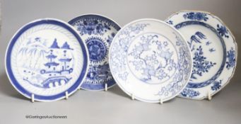 Four various Chinese blue and white dishes, diameter 16cm