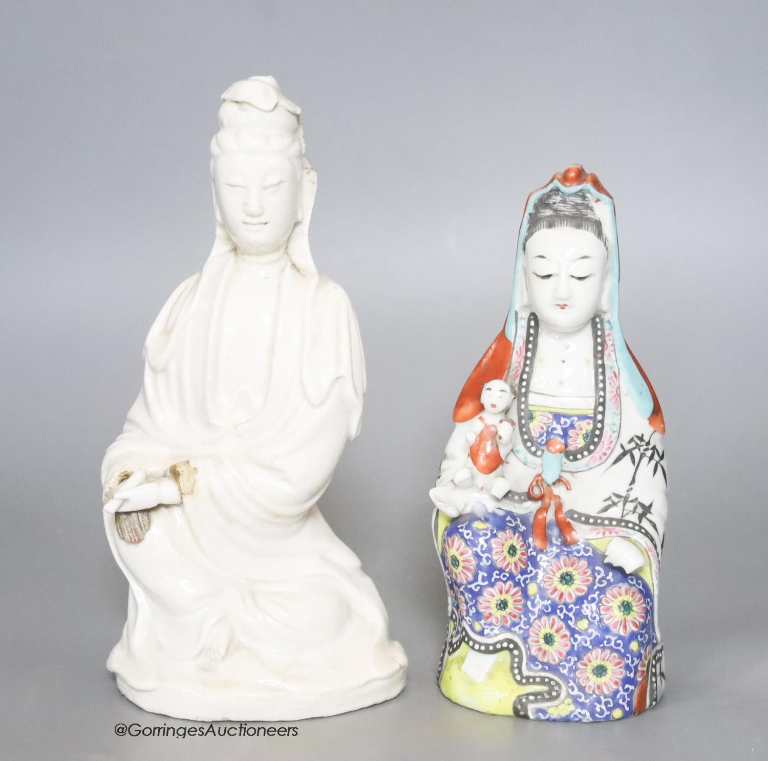 A Chinese crackleglaze figure of Guanyin and another, tallest 23cm