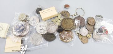 A group of commemorative medals and vertu,to include Pontif medals, some medals in hallmarked
