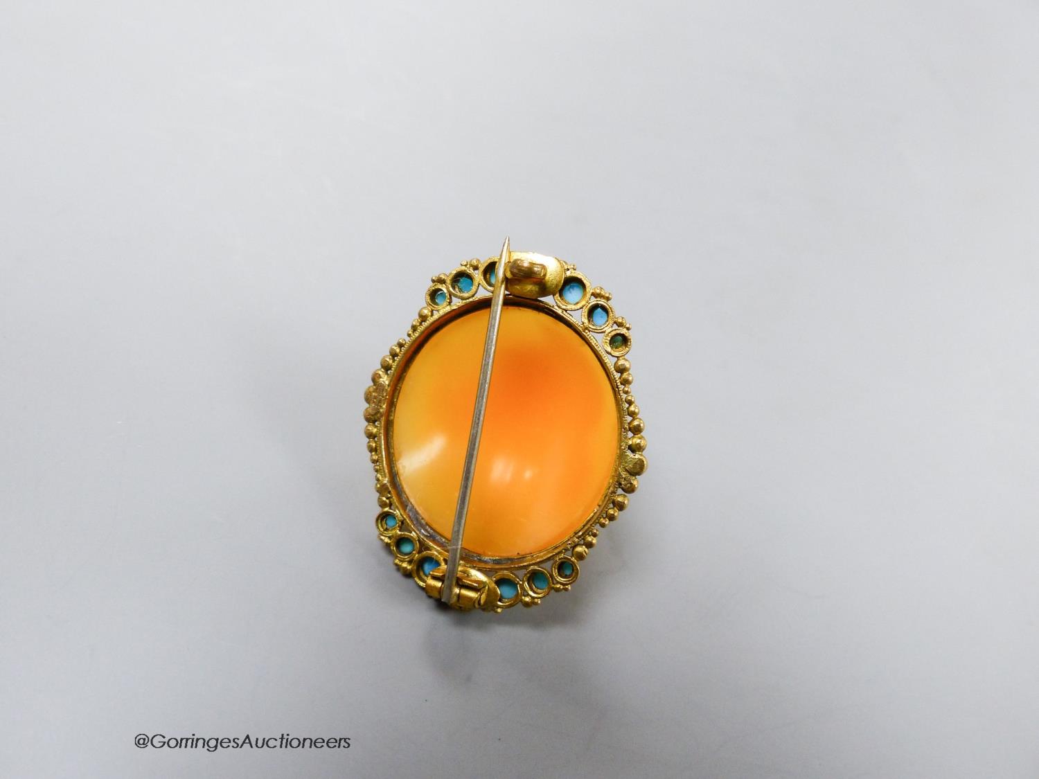 A Victorian yellow metal mounted cameo shell and turquoise set oval brooch, carved with the head of - Image 4 of 4