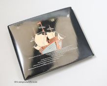 A Chinese black lacquered erotic card case, 10 x 9cm