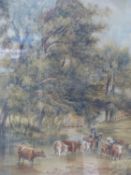 Victorian School, watercolour, Cattle drover crossing a brook, 51 x 40cm