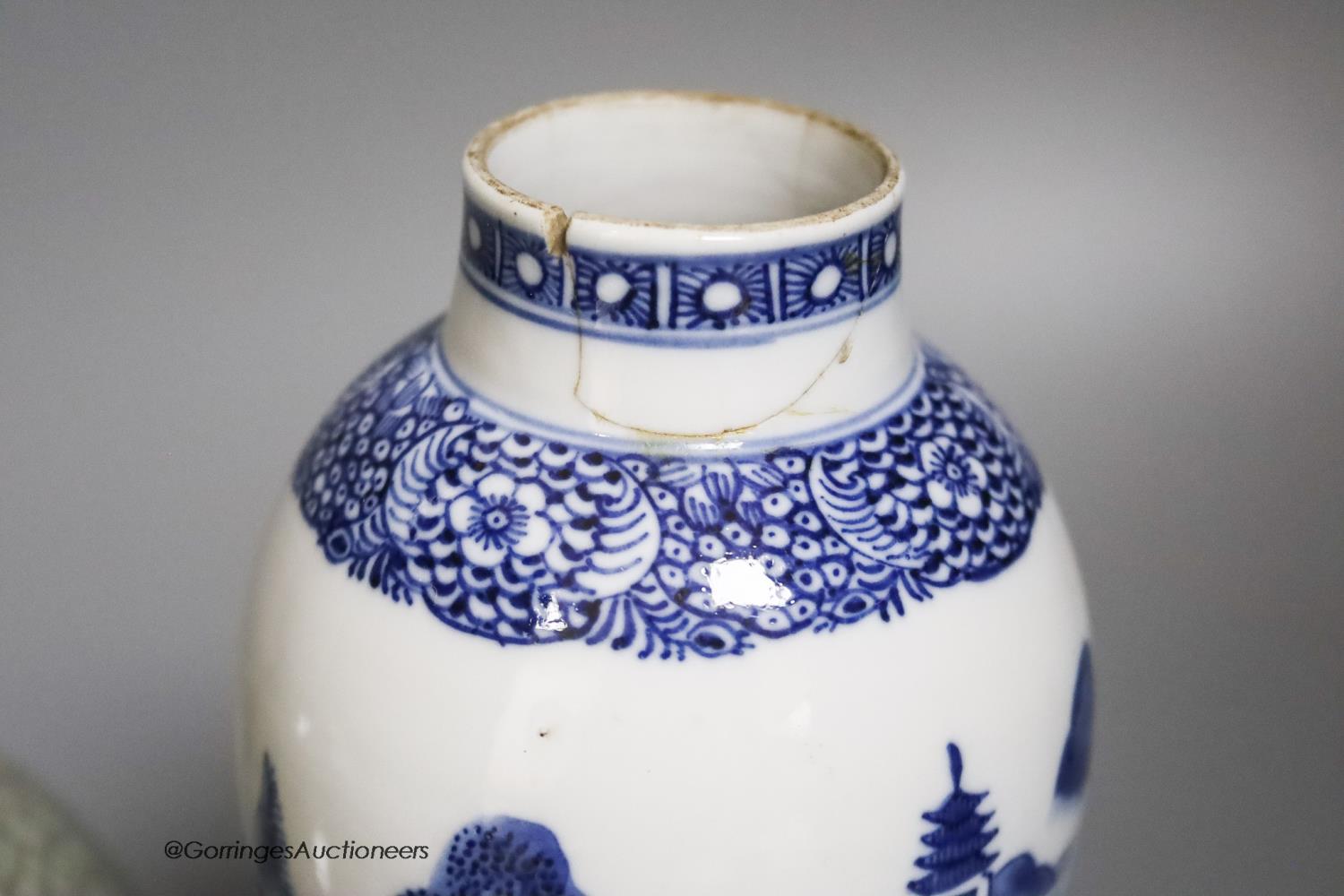 A Chinese crackleglaze bottle vase, a blue and white vase and a 'thousand flower' jar, tallest 24cm - Image 2 of 6