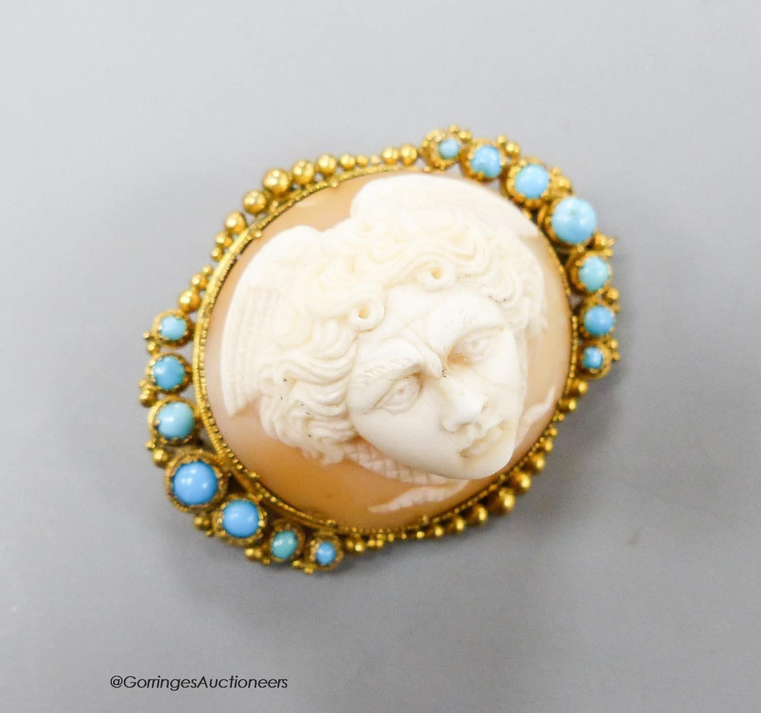A Victorian yellow metal mounted cameo shell and turquoise set oval brooch, carved with the head of - Image 2 of 4
