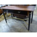 A G plan part ebonsed teak two drawer side table with brass X stretcher, W 120 D 52 H 75 cms.