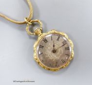 A lady's late 19th century enamelled yellow metal open faced fob watch (soldered shut), on a yellow