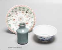 A miniature Chinese crackleglaze vase together with a blue and white bowl and a famille verte dish,