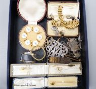 A small quantity of mixed jewellery, including gilt metal bracelet, two sticks pins, white metal