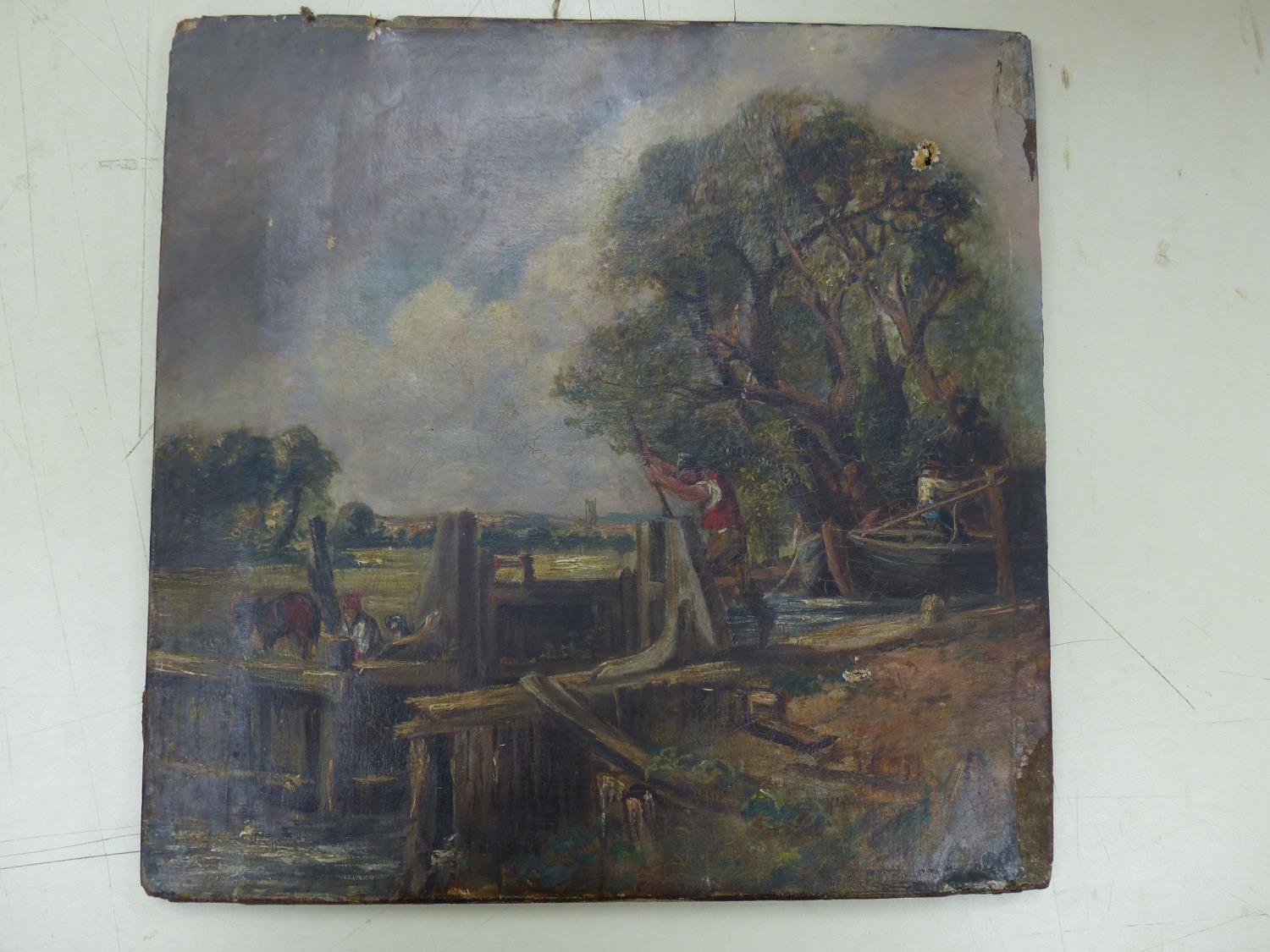 After Constable, oil on canvas, The Lock, 33 x 33cm, unframed - Image 2 of 3