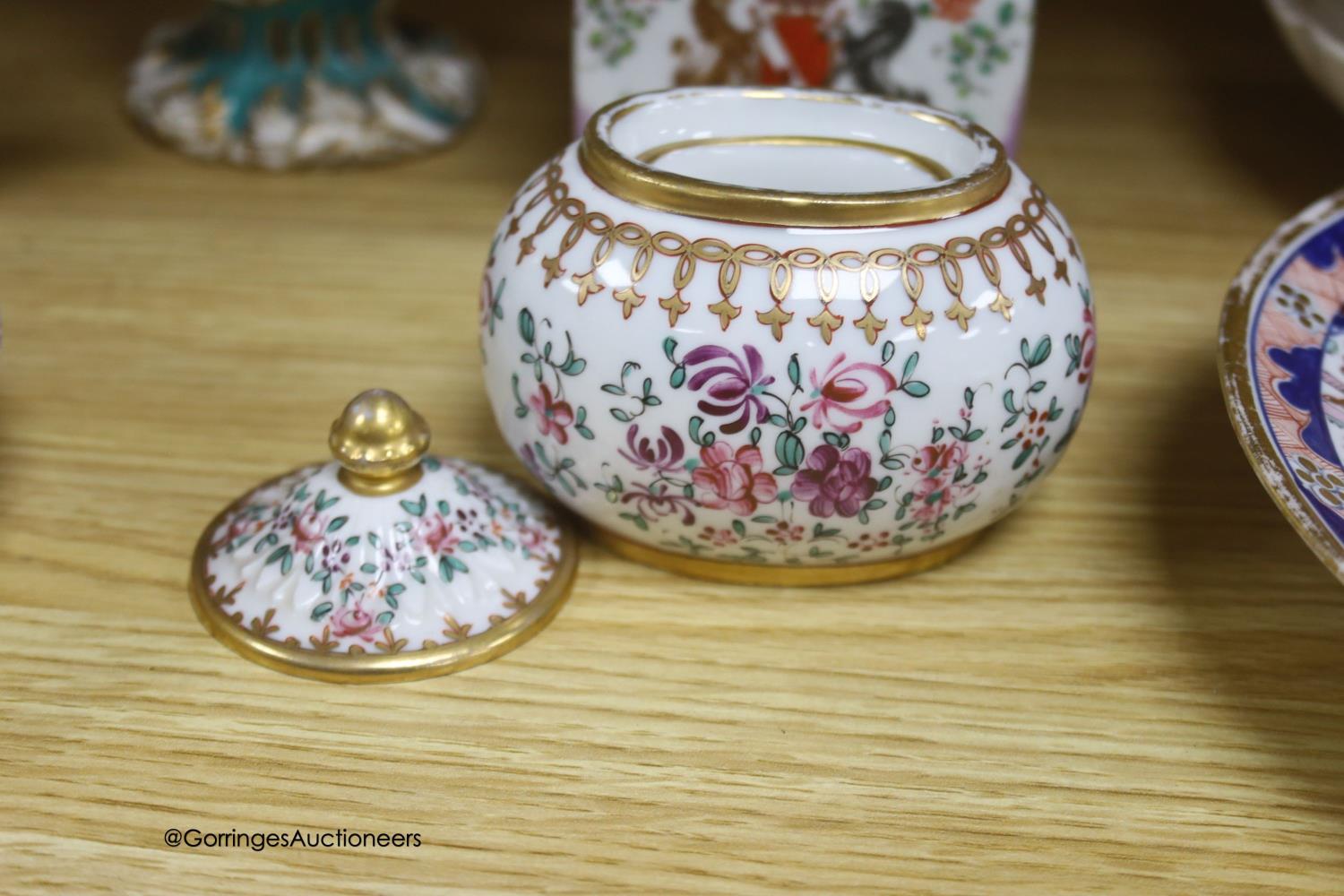 A pair of Rockingham style floral encrusted lidded vases, an armorial jar, two 19th-century English - Image 3 of 6