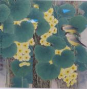Wei Liang (b.1959), colour print, Birds beside nasturnium flowers, 36 x 36cm