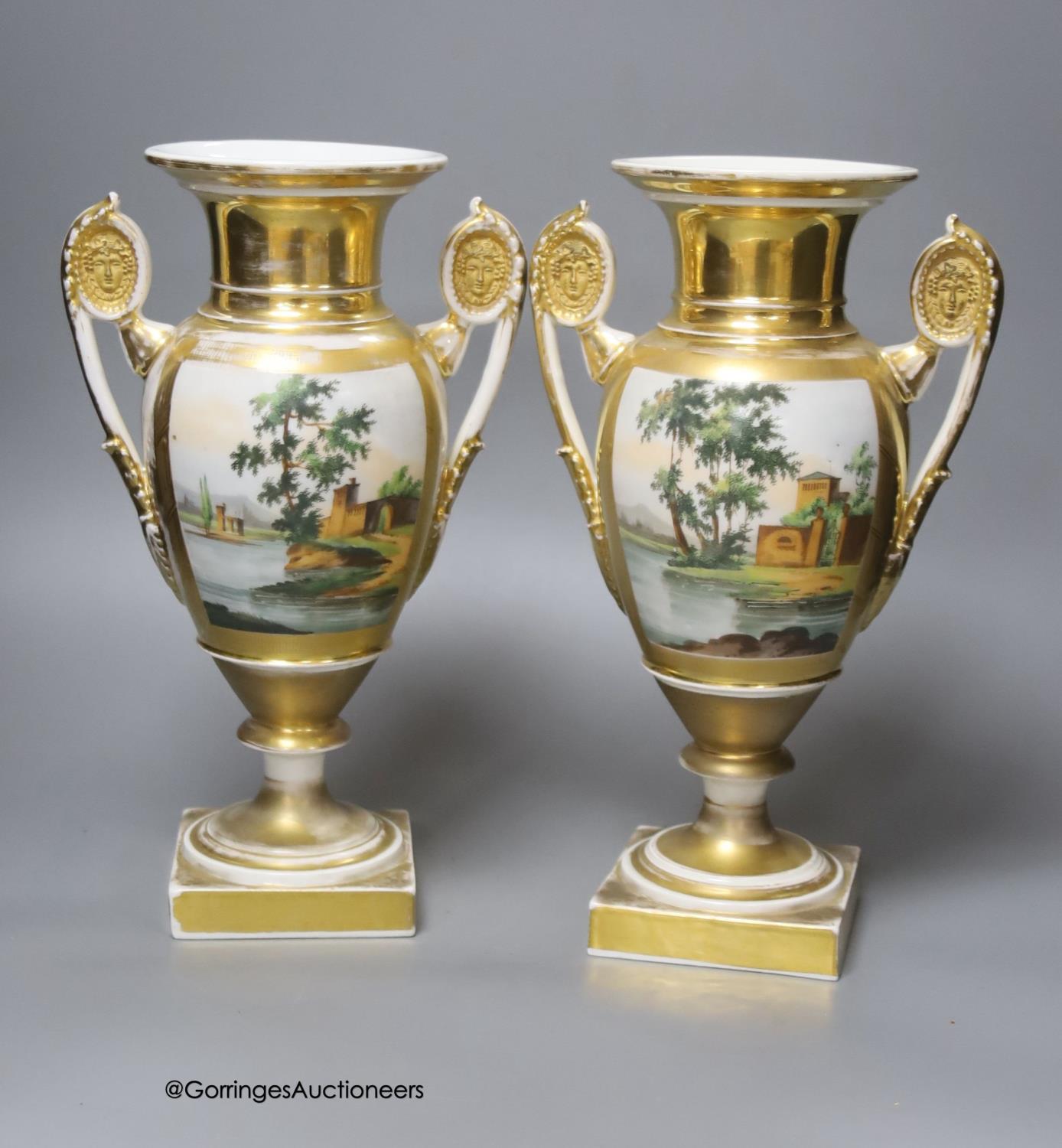 A pair of 19th century Paris vases decorated with medieval interiors, height 30cm - Image 2 of 5