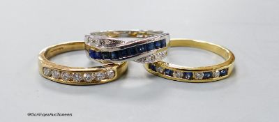 A modern 18ct gold and channel set sapphire and diamond half hoop ring, size R, gross 3 grams and