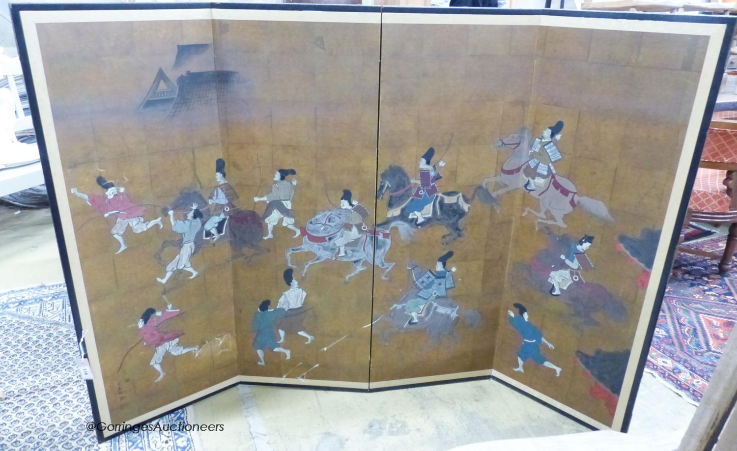 A Japanese four-fold screen, gold ground, decorated with warriors on horseback and foot, in black- - Image 5 of 11