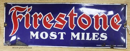 A Firestone Most Miles enamel sign, 15 x 40cm