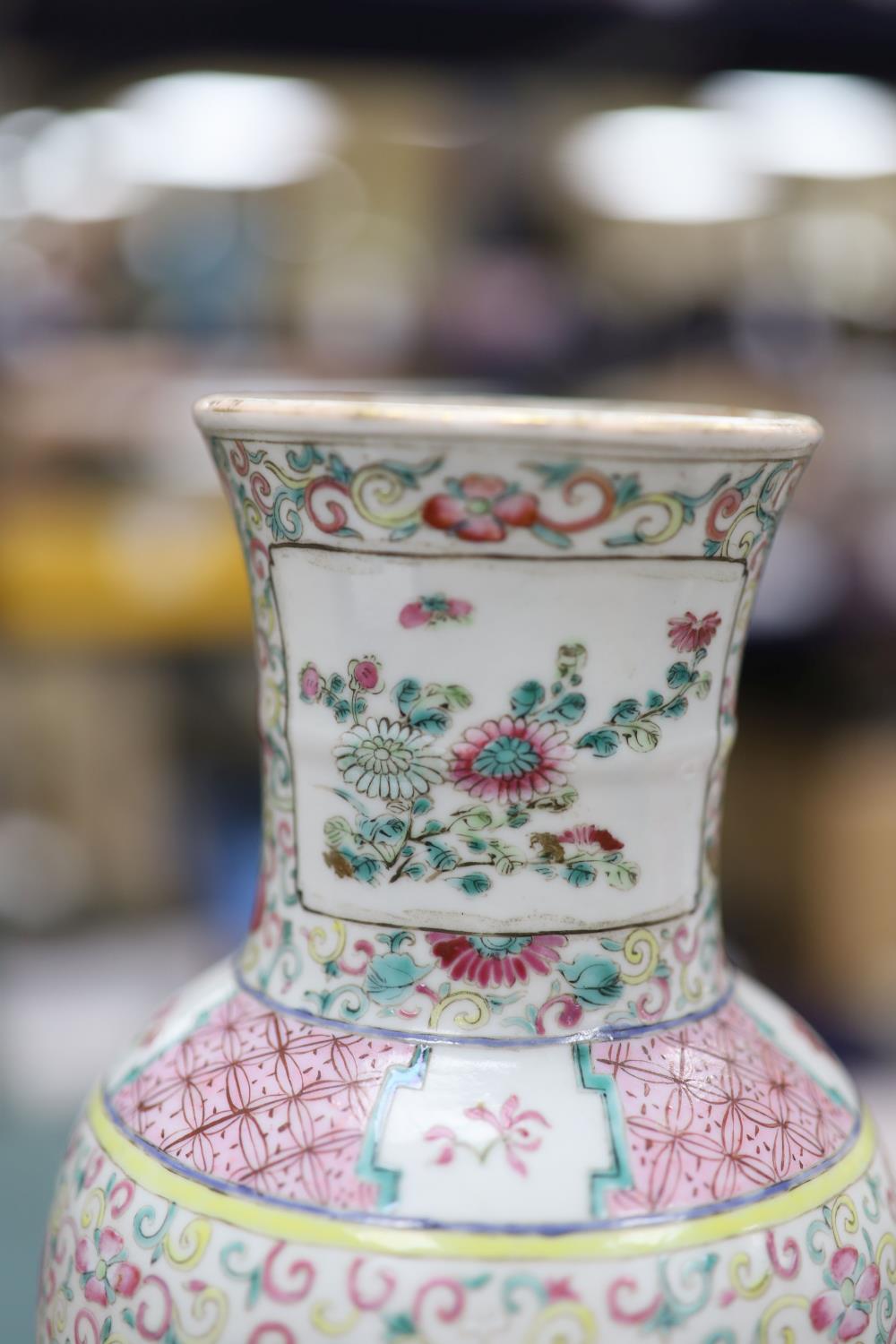 A pair of 19th century Chinese famille rose vases- ex lamp bases, height 31.5cm - Image 6 of 16