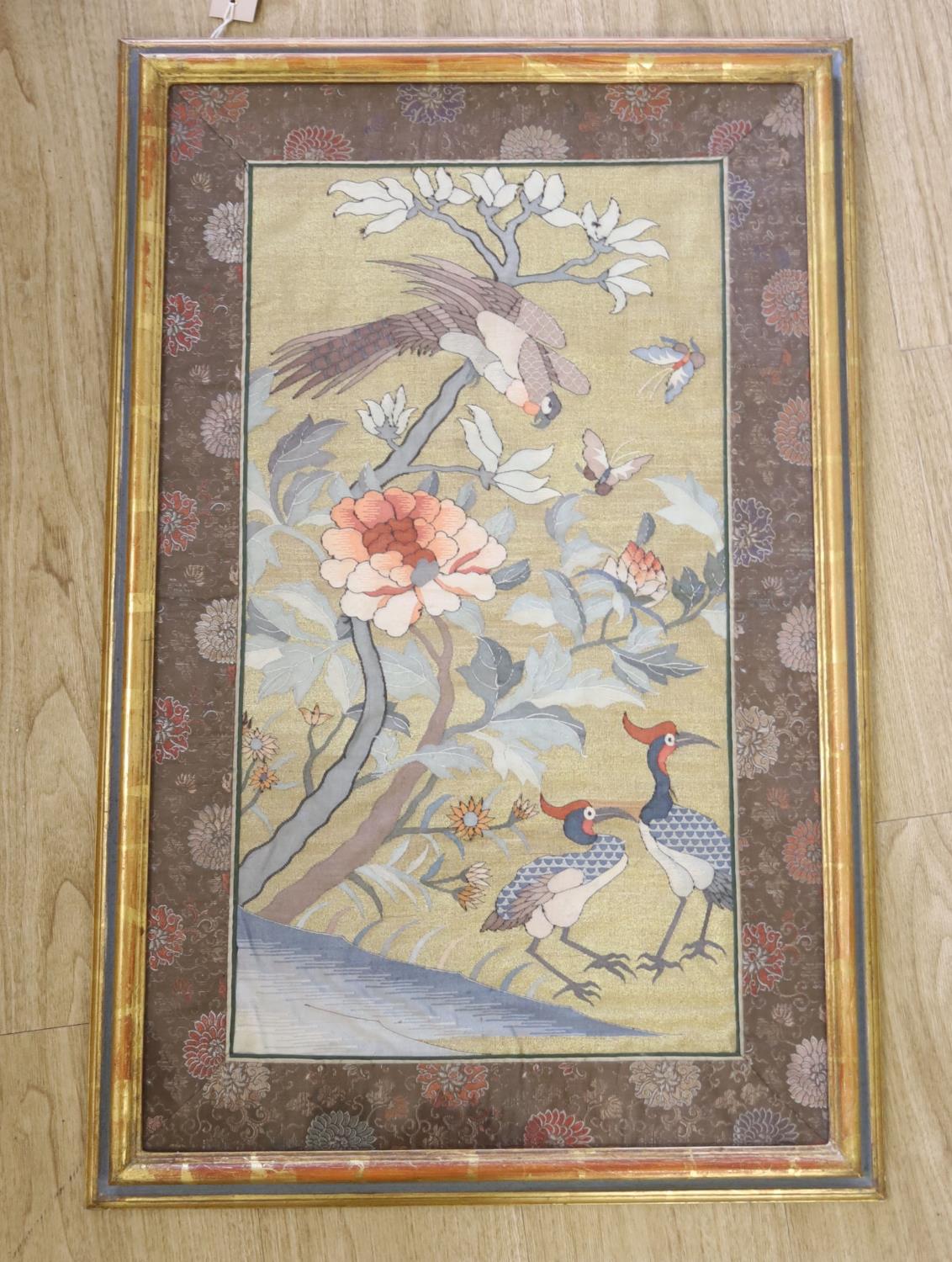 worked with a bird on a branch, later brocade border, framed,63 x 34cm - Image 2 of 2