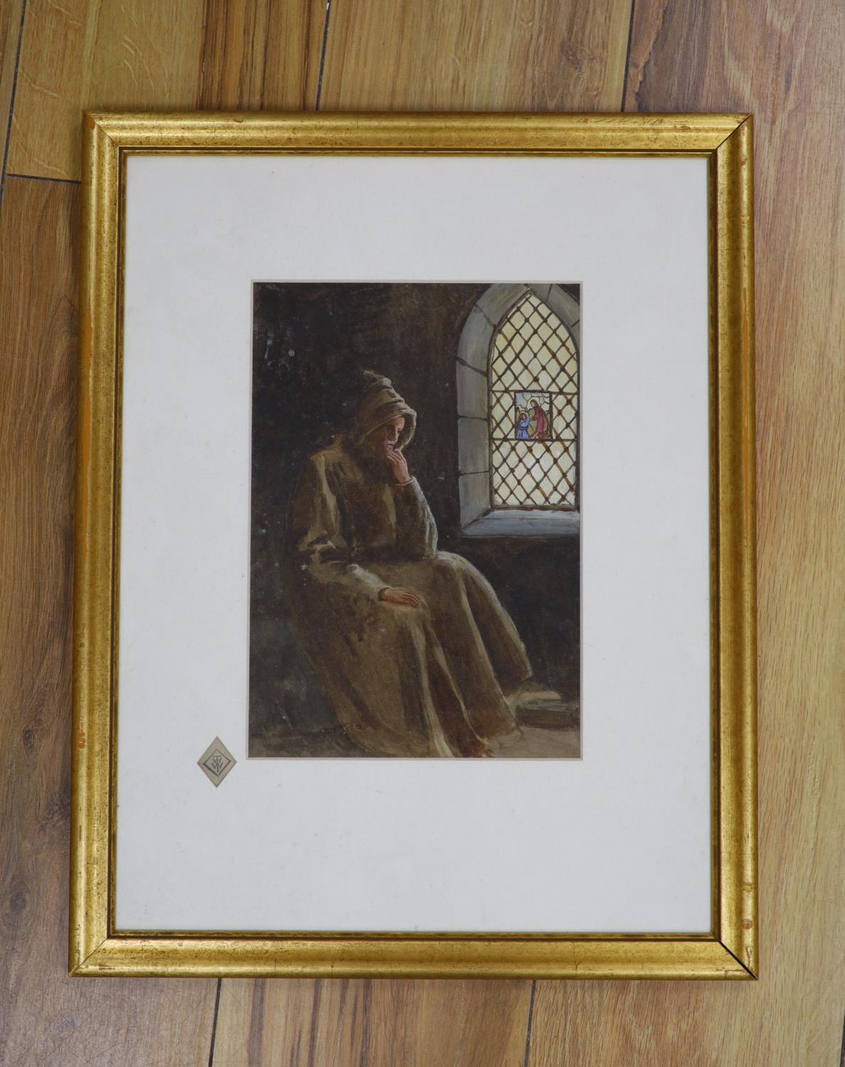 William Tatton Winter (1855-1928), watercolour, Monk seated beside a window, monogrammed, 24 x 17cm - Image 2 of 2