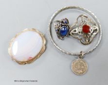 A gold brooch and silver jewellery
