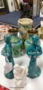 A Chinese carved sage, a pair of cloisonne vases, three figures and a vase (7)