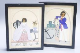 A pair of painted wax relief plaques, framed