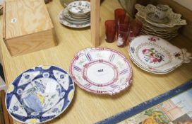 A Delft polychrome plate, two Coalport dishes, a dessert set, two lustre dishes and five cranberry