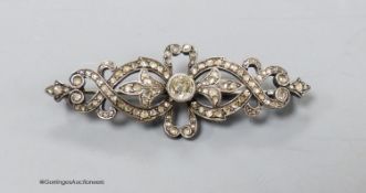 A Victorian white metal and rose cut diamond encrusted openwork bar brooch, 49mm, gross 6.6 grams.