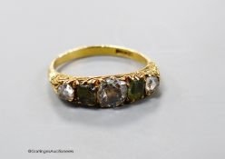 An early 20th century 18ct, three stone rose cut diamond and two stone olivine? set half hoop ring,