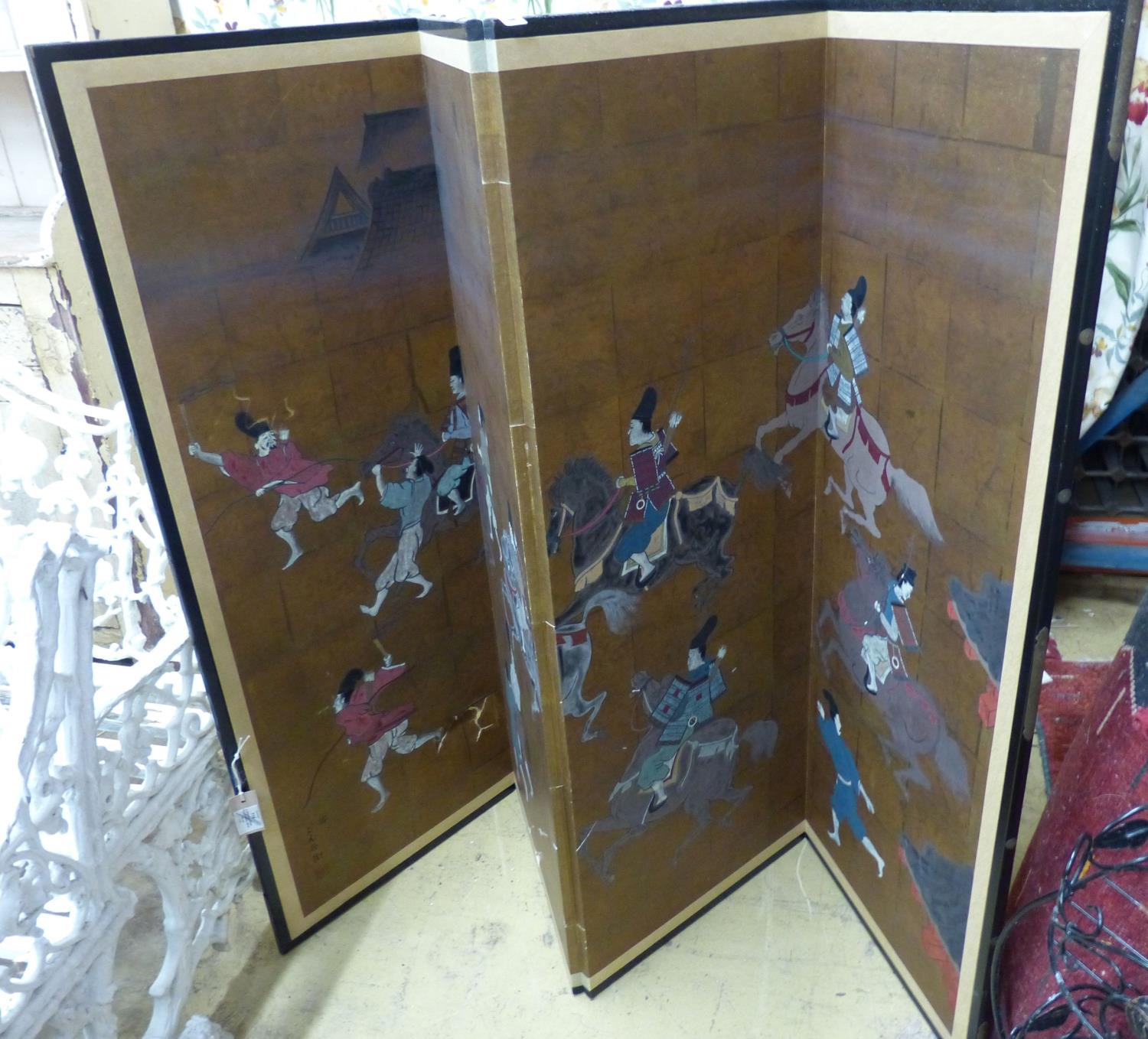 A Japanese four-fold screen, gold ground, decorated with warriors on horseback and foot, in black- - Image 9 of 11