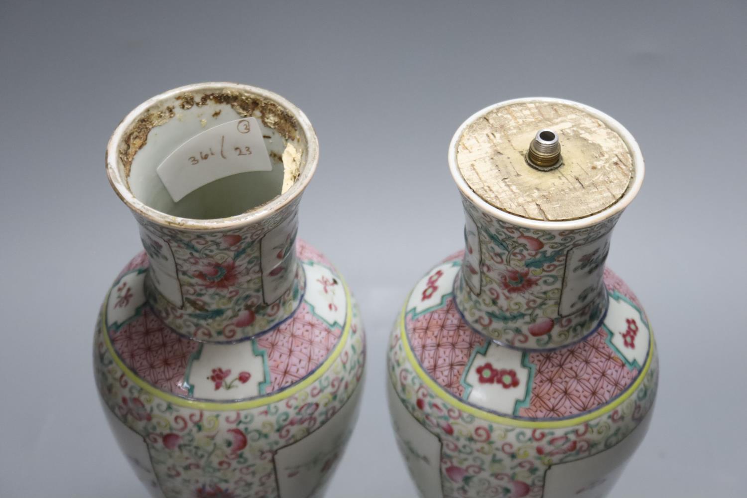 A pair of 19th century Chinese famille rose vases- ex lamp bases, height 31.5cm - Image 3 of 16