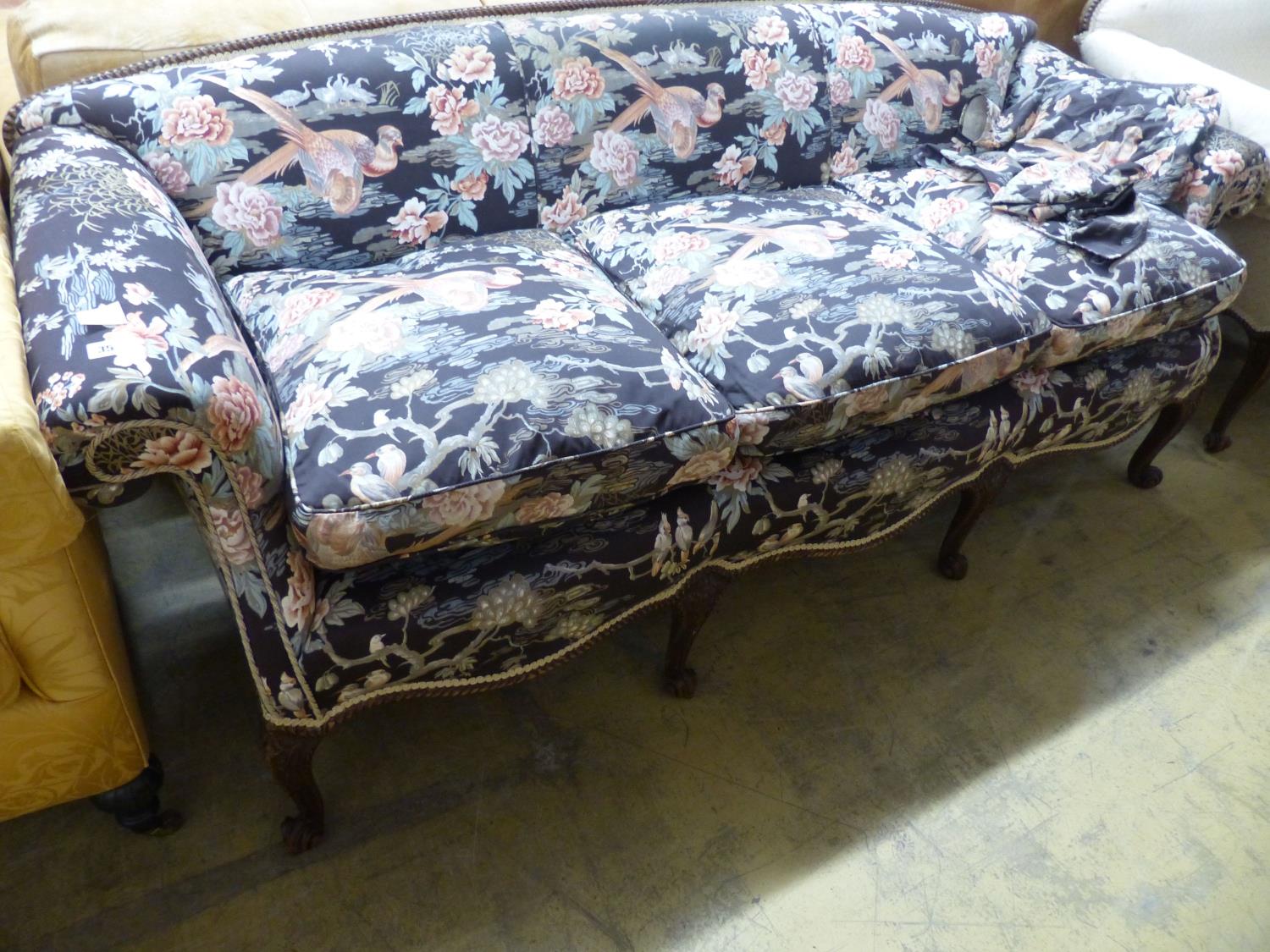 A late 19th century Continental mahogany scroll arm sofa and armchair, sofa upholstered in a floral - Image 2 of 3