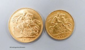 A George V 1913 gold sovereign and an Edward VII 1907 gold half sovereign.