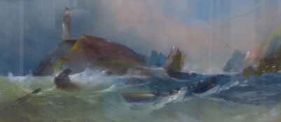 English School c.1900, pastel, 'The Mumbles Lighthouse ...', 25 x 56cm