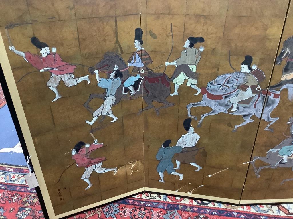 A Japanese four-fold screen, gold ground, decorated with warriors on horseback and foot, in black- - Image 2 of 11
