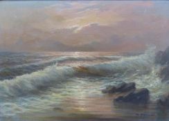 English School, oil on canvas, Waves breaking against the shore at sunset, indistinctly signed, 50
