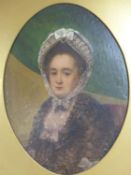 Victorian School, oil on board, Portrait of a lady wearing a lace bonnet, oval, 35 x 25cm