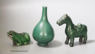 A Chinese green glazed miniature vase, 10cm, two green glazed water droppers in the form of a horse