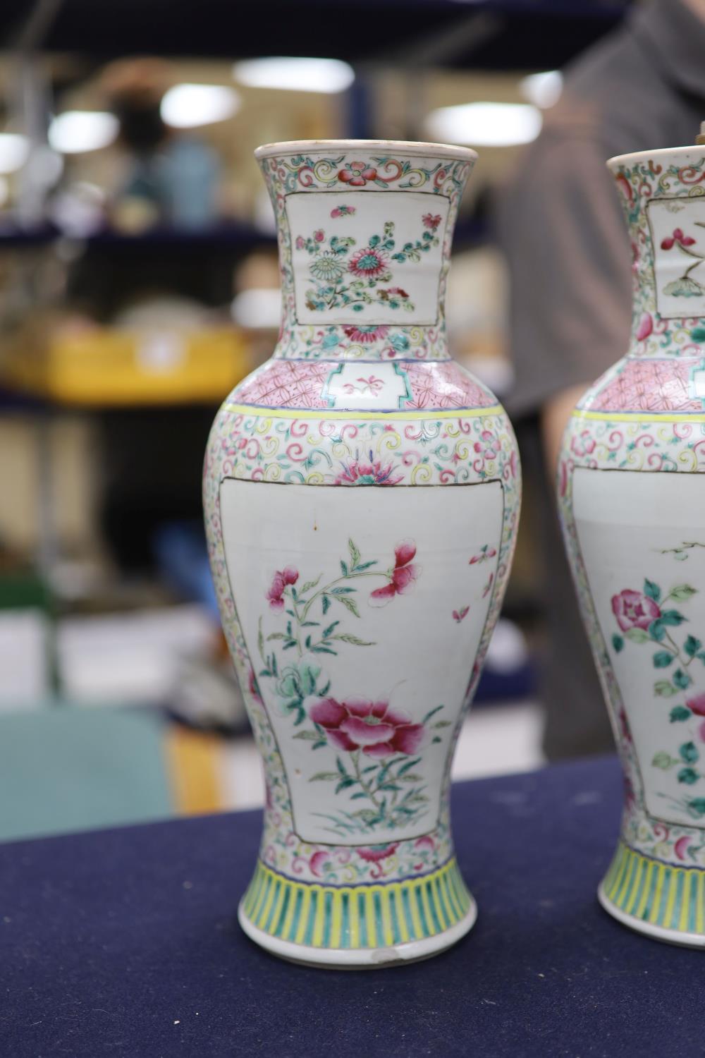 A pair of 19th century Chinese famille rose vases- ex lamp bases, height 31.5cm - Image 5 of 16