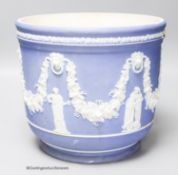 A Wedgwood blue jasper jardiniere, sprigged with muses and swags, height 23cm