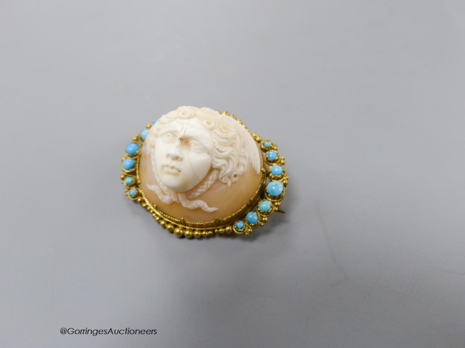 A Victorian yellow metal mounted cameo shell and turquoise set oval brooch, carved with the head of - Image 3 of 4