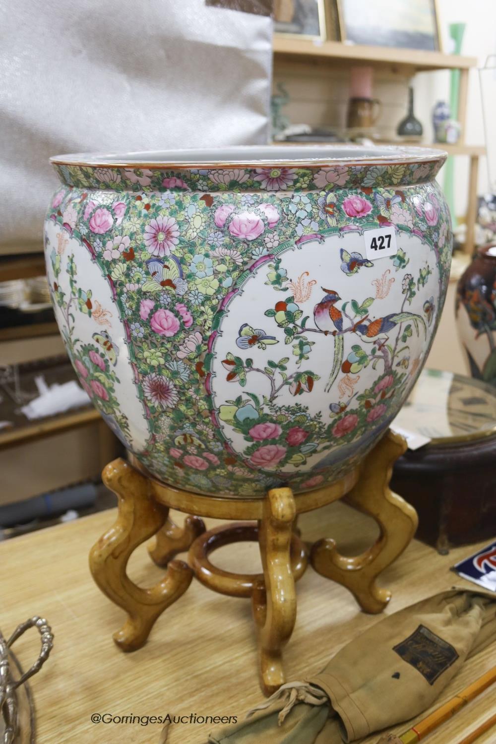 A modern Cantonese export famille rose fish bowl, on hardwood stand, overall height 51cm - Image 2 of 5