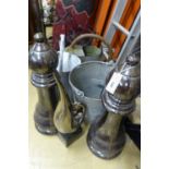 Assorted galvanized watering cans and assorted other metalware.