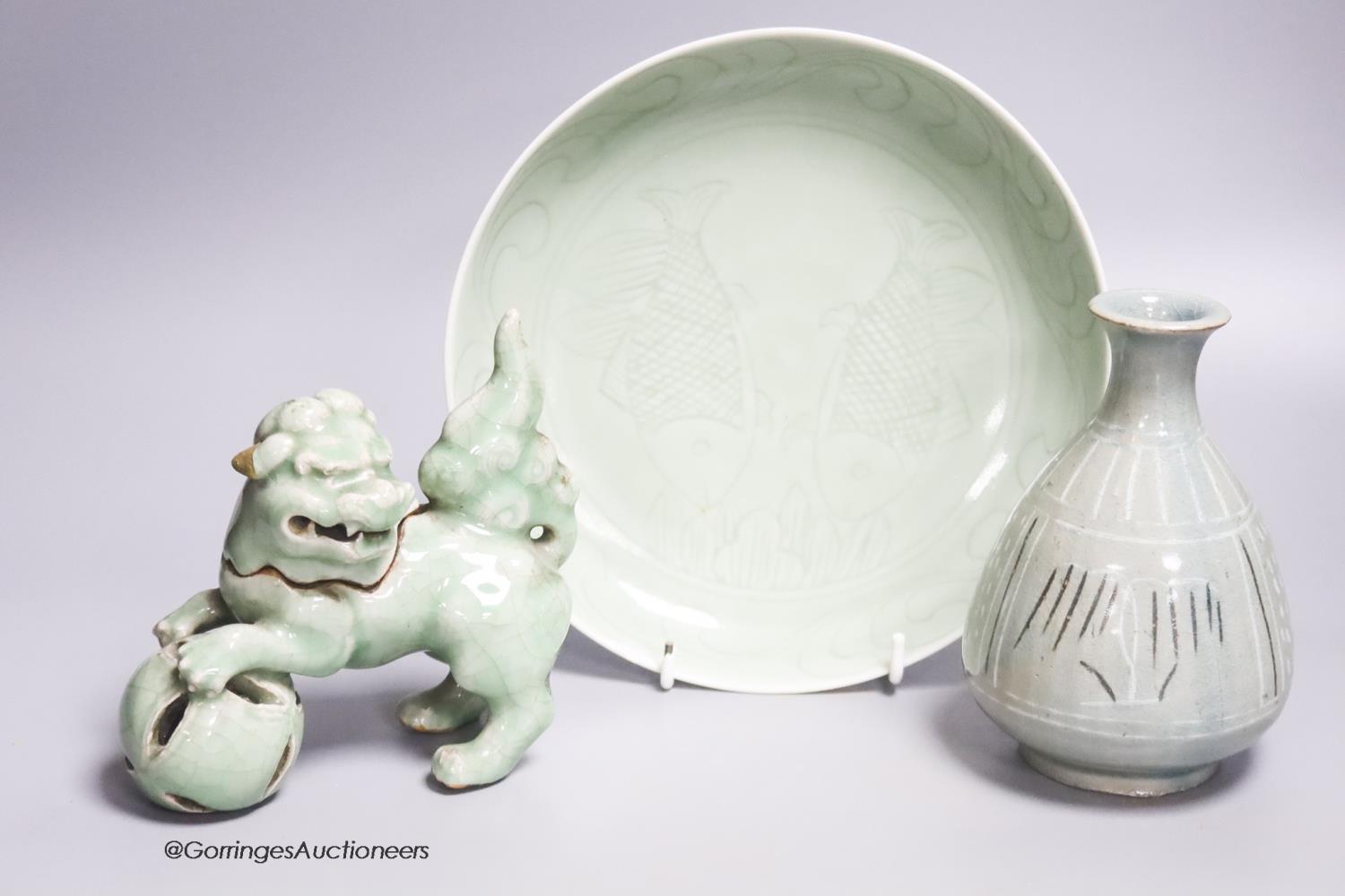 A Korean celadon glazed vase, a Chinese celadon glazed dish together with a similar shi-shi box and