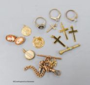 Part of a 9ct gold albert, four 9ct cross pendants, a pair of 9ct earrings, three 9ct and gem set